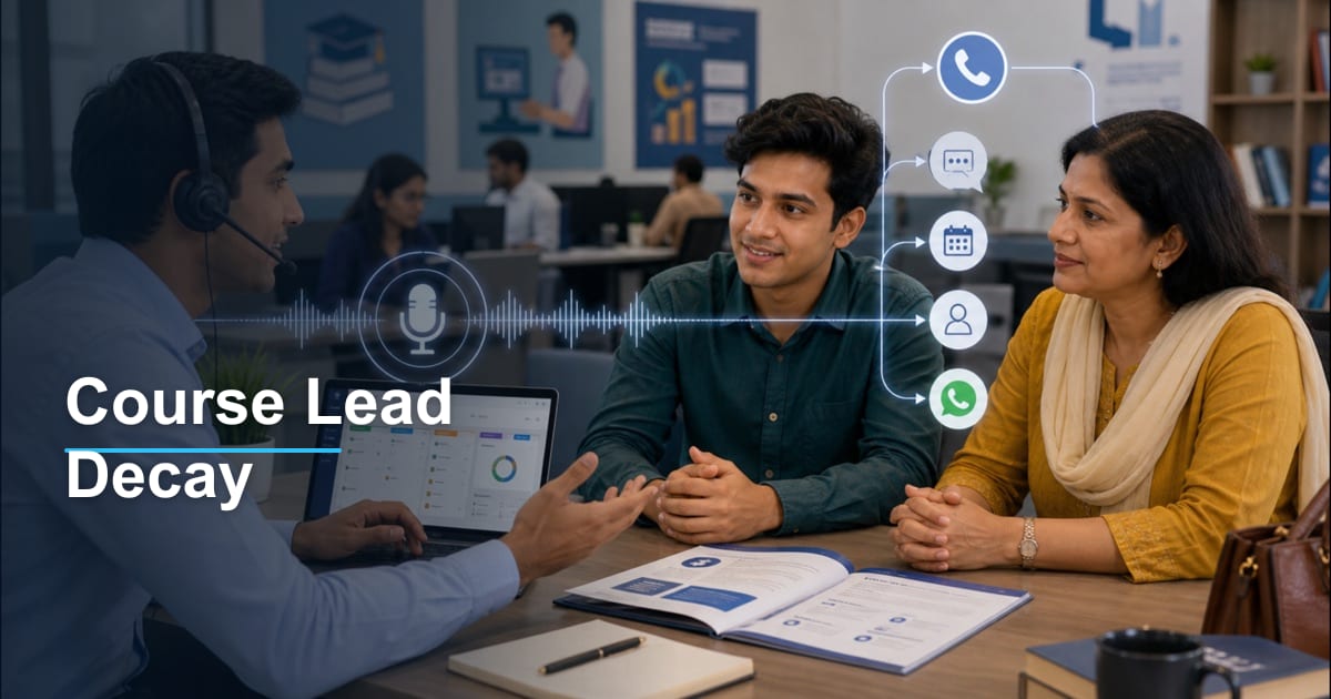 Indian education counsellor using conversational Voice AI to call fresh course enquiries, qualify students, update CRM, and trigger WhatsApp follow-ups