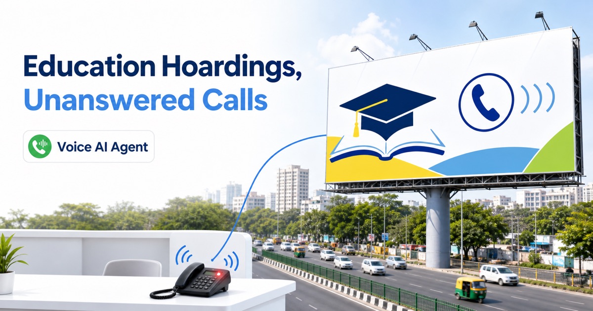 Voice AI Agent connecting an education admissions hoarding to an unanswered phone at an empty counselling desk