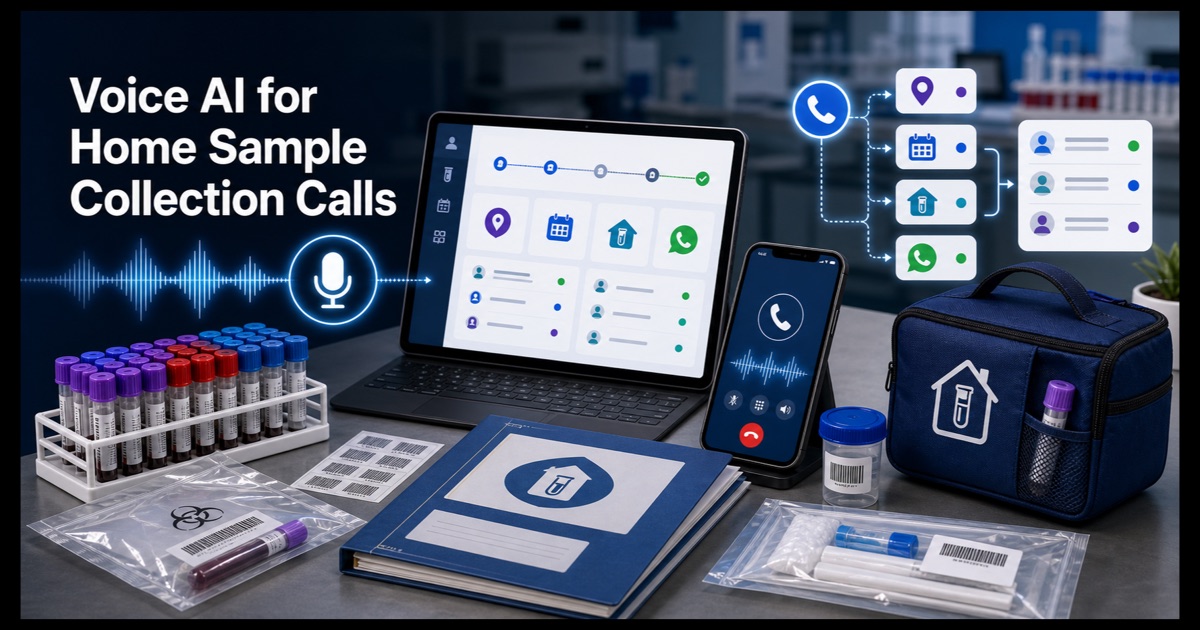 Voice AI Agent home collection workflow for diagnostic labs showing sample tubes, booking dashboard, phone call flow, WhatsApp follow-up, and callback scheduling