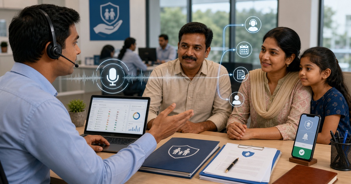 Indian insurance operations team using Voice AI to remind policyholders, capture renewal intent, update CRM, and route urgent cases to humans