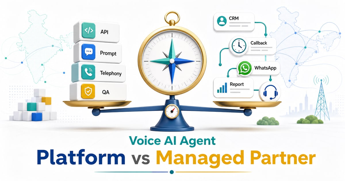 Bright comparison board for a Voice AI Agent showing platform blocks, managed workflow actions, CRM, callback, WhatsApp, reporting and Indian calling network cues