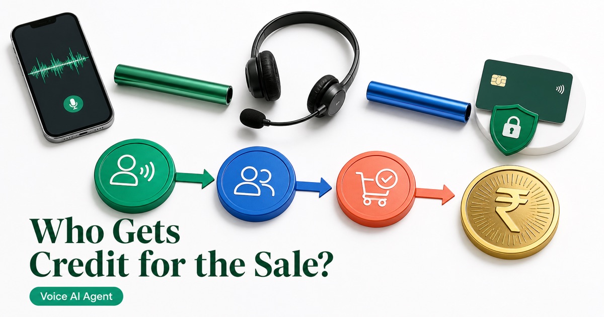 Voice AI Agent passing a customer journey through human sales and digital checkout to show assisted revenue attribution
