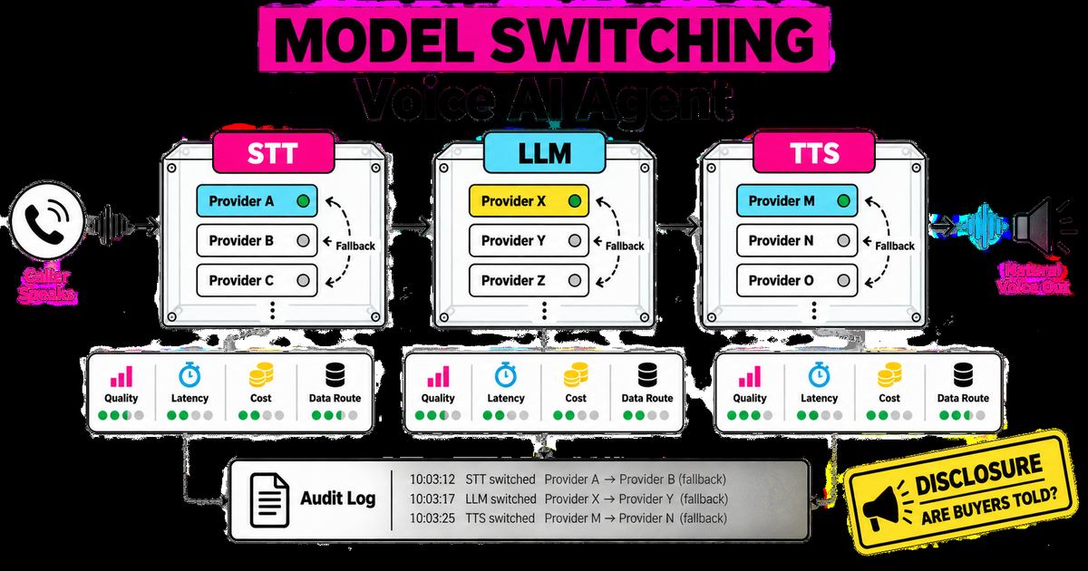Voice AI Agent pipeline switching between STT LLM and TTS providers with disclosure and audit controls