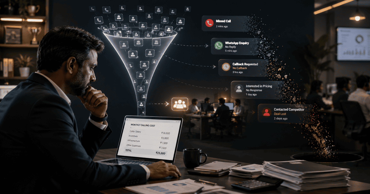 Voice AI and human calling team cost comparison dashboard showing salary, call volume, missed leads, follow-ups, and qualified conversations in India
